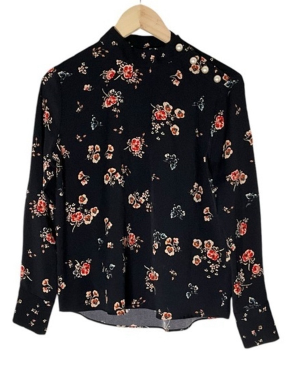 Zara Basic Women’s Floral Pearl-Shoulder Mock Neck Blouse - Black/Red. Sz: M